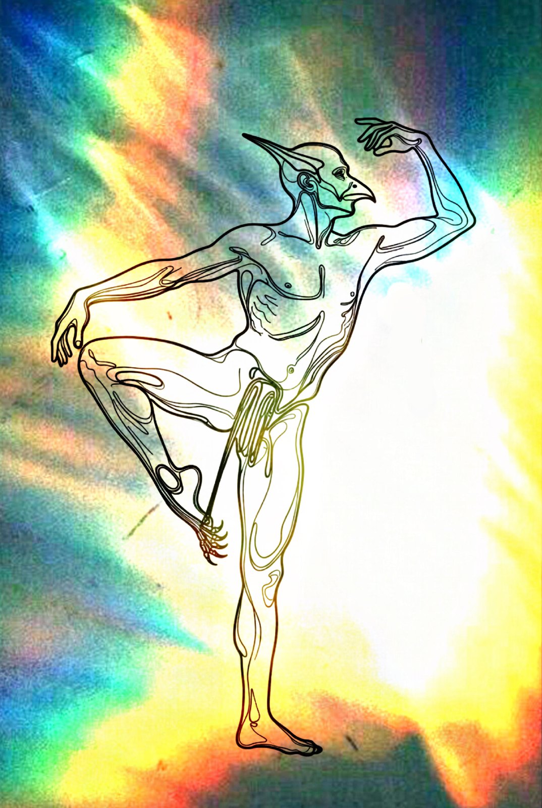 Line drawing of a bird-headed dancer poised on one leg over a field of prismatic light